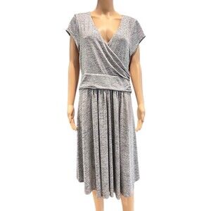 Anthropologie Maeve Tamara Cap Sleeve Surplice Silver Knit Flare Dress Size XL